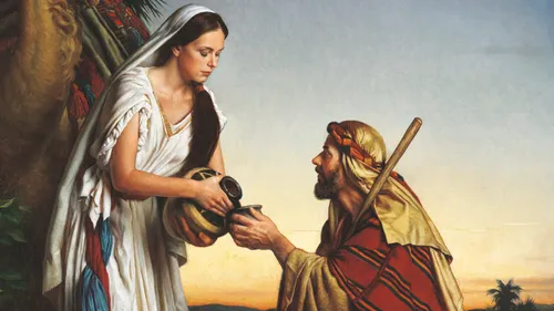 Rebekah pouring water into a cup for Abraham