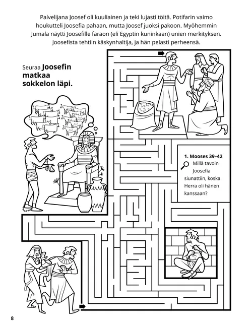 Värityskuvan PDF, jossa on näkymiä Joosefin elämästä Egyptissä sekä sokkelotehtävä