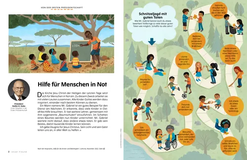 PDF: In Ostafrika unterrichtet ein Mann Kinder im Schatten der Bäume; eine Schnitzeljagd mit guten Taten