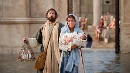 Mary and Joseph bringing an offering of turtledoves to the temple