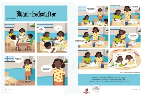 PDF-side av en tegneseriehistorie om en jente på skolen som tegner med klassekameratene ved et bord