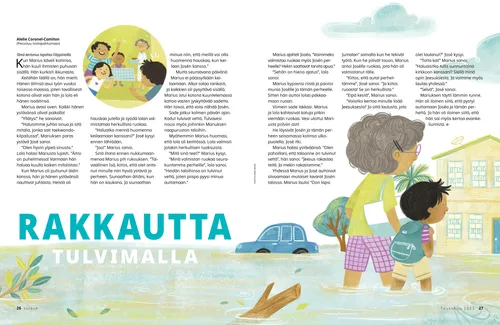 PDF-sivu, jolla on kuva pojasta, jonka isoäiti ja ystävät yllättävät, ja pojasta ja isoäidistä kävelemässä tulvivalla kadulla