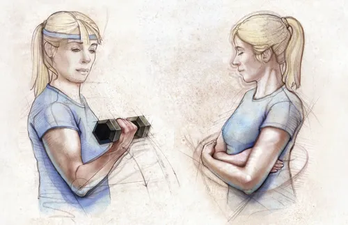 woman lifting weight and woman with arms folded