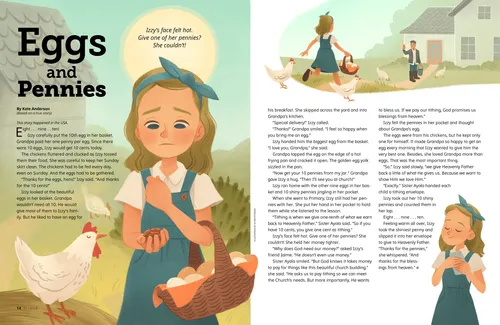 Story PDF with images of chickens and a girl carrying a basket of eggs