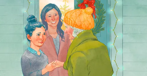 Mother, daughter, and old woman at Christmas