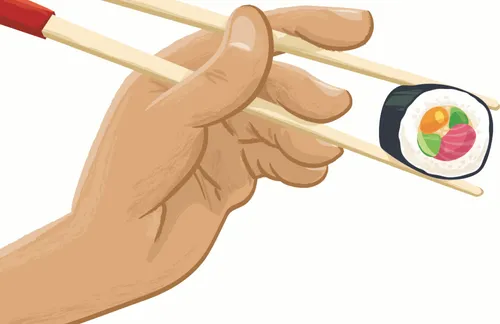 chopsticks holding sushi roll