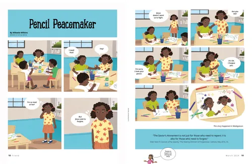 Page PDF of a comic-style story of a girl at school drawing with her classmates at a table