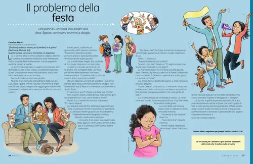 PDF della pagina con illustrazioni di una ragazza con i suoi amici, seduta con i suoi genitori, che prega e festeggia con i suoi genitori