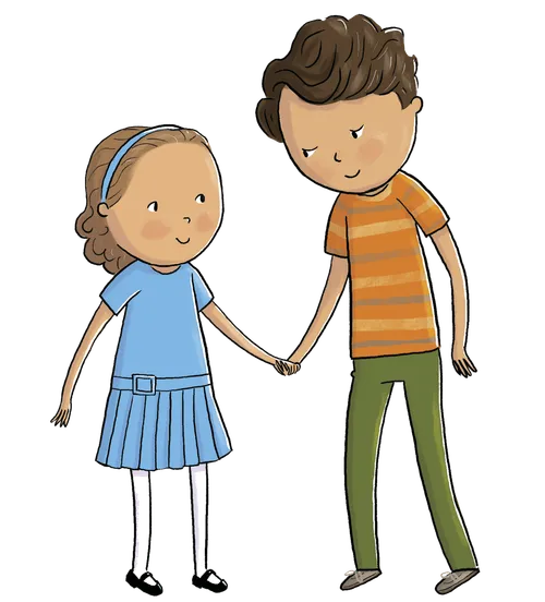 Sister and brother holding hands