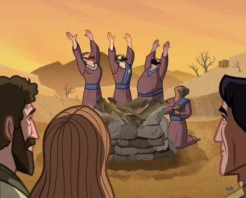 illustration of priests of Baal praying over altar