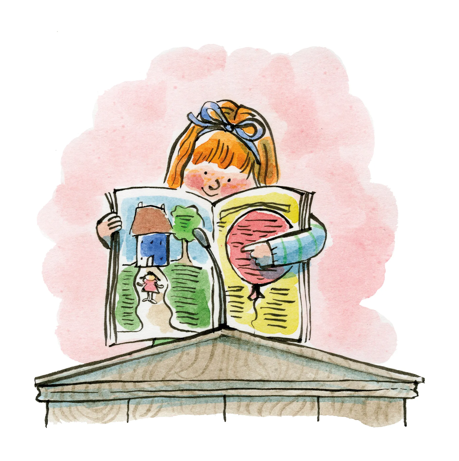 A girl holds up a picture book and points to the pictures as she reads from it.