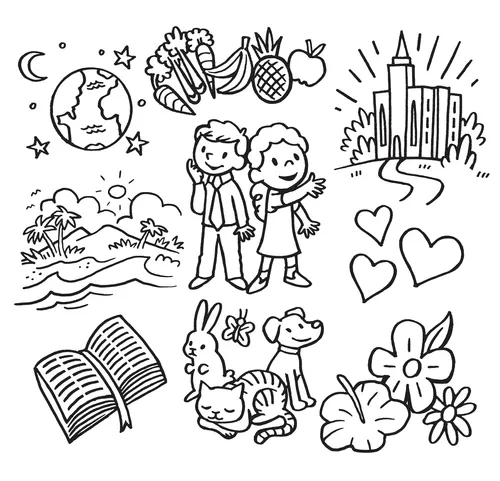 Coloring page of children and various items that show their blessings, like a temple, scriptures, and nature
