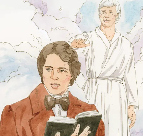 A missionary had an open book, and behind him are clouds and an angel reaching out to him. Chapter 29-9 (D&C 84:80-88)