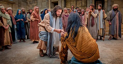 Jesus talking to the woman taken in adultery