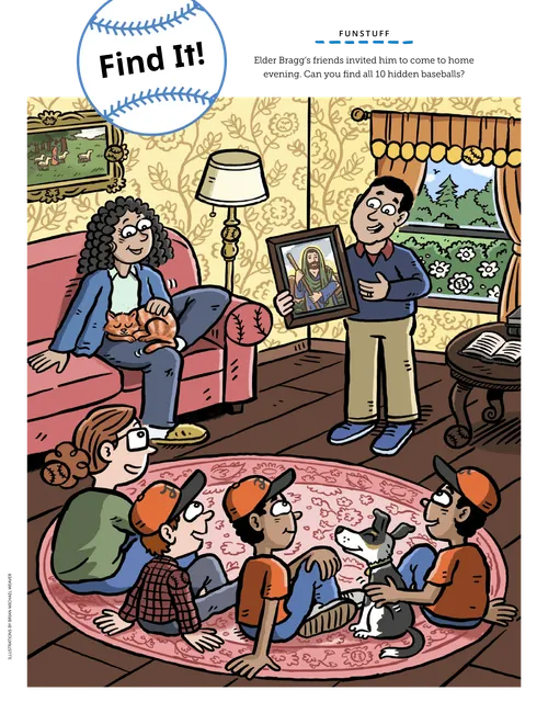 Hidden-picture activity of family having a home evening lesson