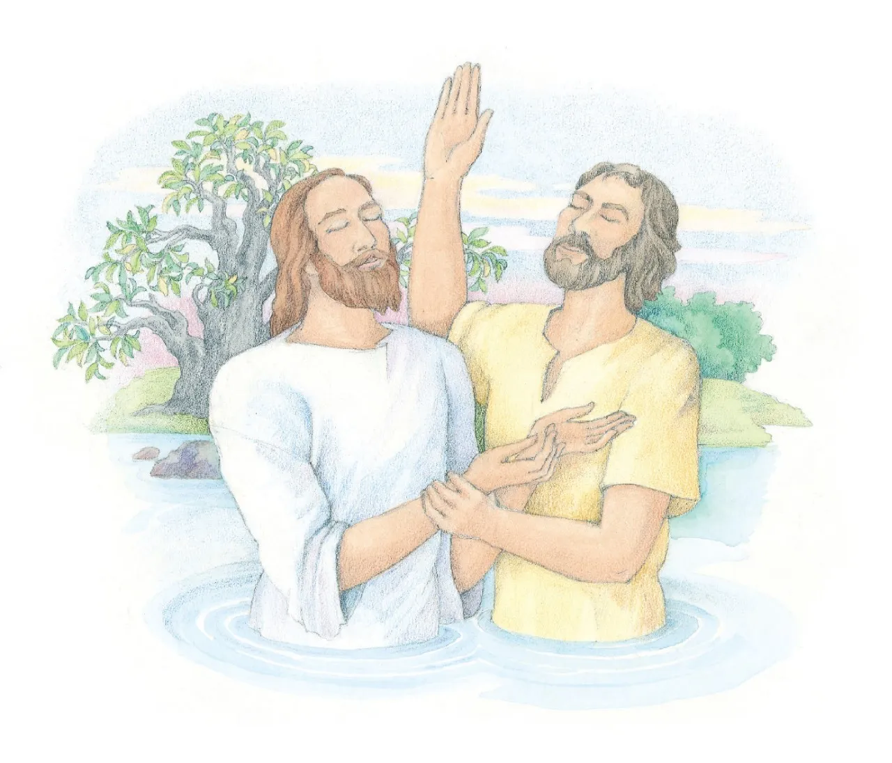 Jesus being baptized by John the Baptist. From the Children’s Songbook, page 100, “Baptism”; watercolor illustration by Phyllis Luch.