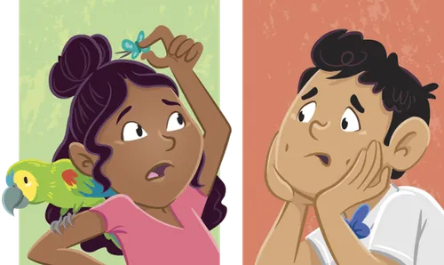 Panel 1: Margo and Paolo in their bedroom. Paolo is sitting on the bottom bunk, looking a little sad, while Margo sits nearby, putting on her shoes. They‚Äôre both in Sunday clothes and Margo has Kiwi on her shoulder. Panel 2: Margo sits down next to Paolo. Panel 3: Margo: "And no matter where we are, Primary is the same! We always learn about Jesus. And sing the same songs." Panel 4: Kiwi flaps her wings. Margo and Paolo are laughing. Panel 5: Margo and Paolo stand. Paolo looks a lot more confident/comfortable. Panel 6: Margo and Paolo walking into a Primary room. Margo is waving confidently and Paolo looks a little shy but is smiling and waving too. The other kids look excited and the teacher is smiling warmly. There‚Äôs a picture of Jesus hanging up on the wall.