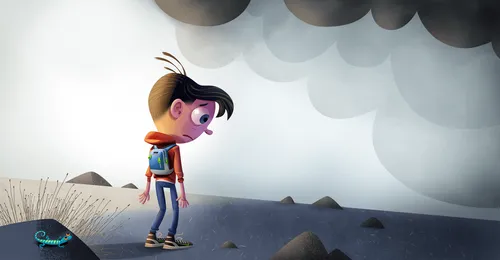 boy looking sad, with dark clouds over him