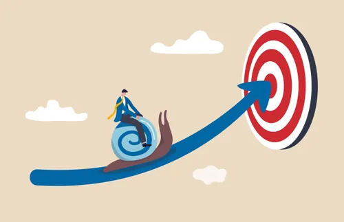 an illustration of a man riding a snail toward a target, representing slow progress toward goals