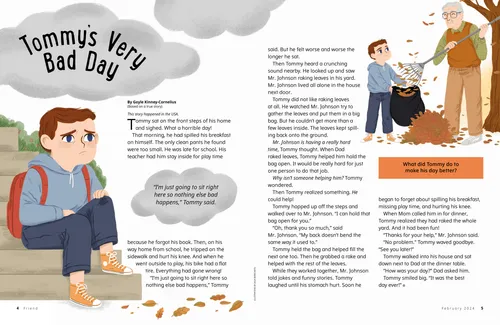 Story PDF with images of a boy looking sad, and then being happy helping his neighbor rake leaves