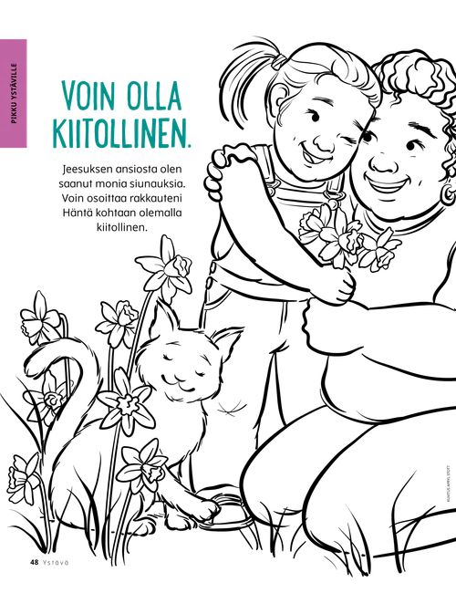 Värityskuvan PDF, jossa hymyilevä tyttö halaa naista ja antaa hänelle kukkia kissan istuessa lähistöllä