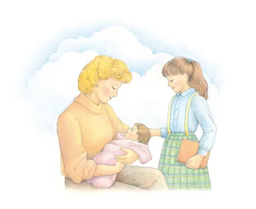 A watercolor illustration of a woman sitting and holding an infant while a young girl in a plaid skirt stands nearby.