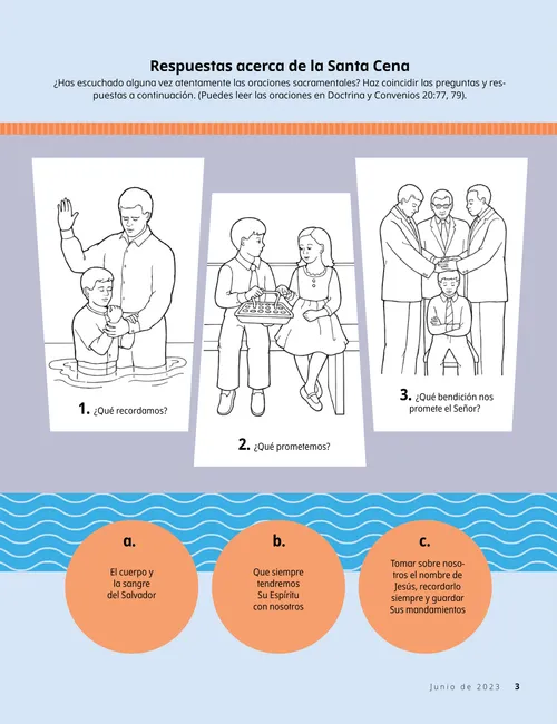 Página de actividades de niños siendo bautizados y confirmados, y participando de la Santa Cena