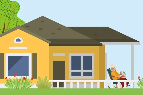 old lady sitting outside her yellow house, holding flowers