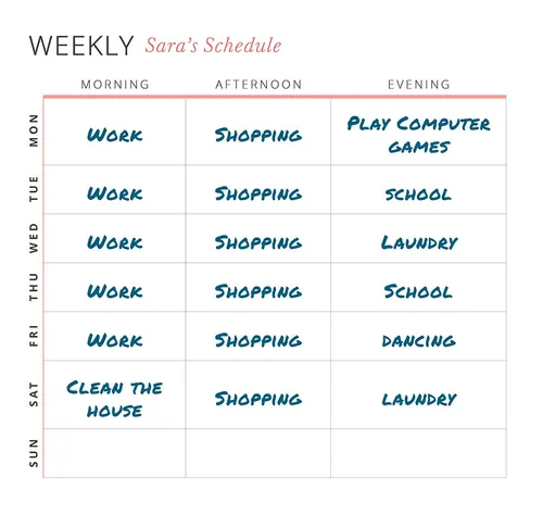 Sara weekly schedule