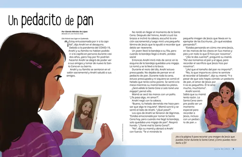 Página PDF con ilustraciones de una niña sosteniendo una miga de pan, mirando una imagen de Jesucristo, y la niña sentada en el regazo de su mamá
