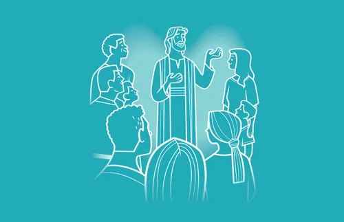 line drawing of people talking in spirit world