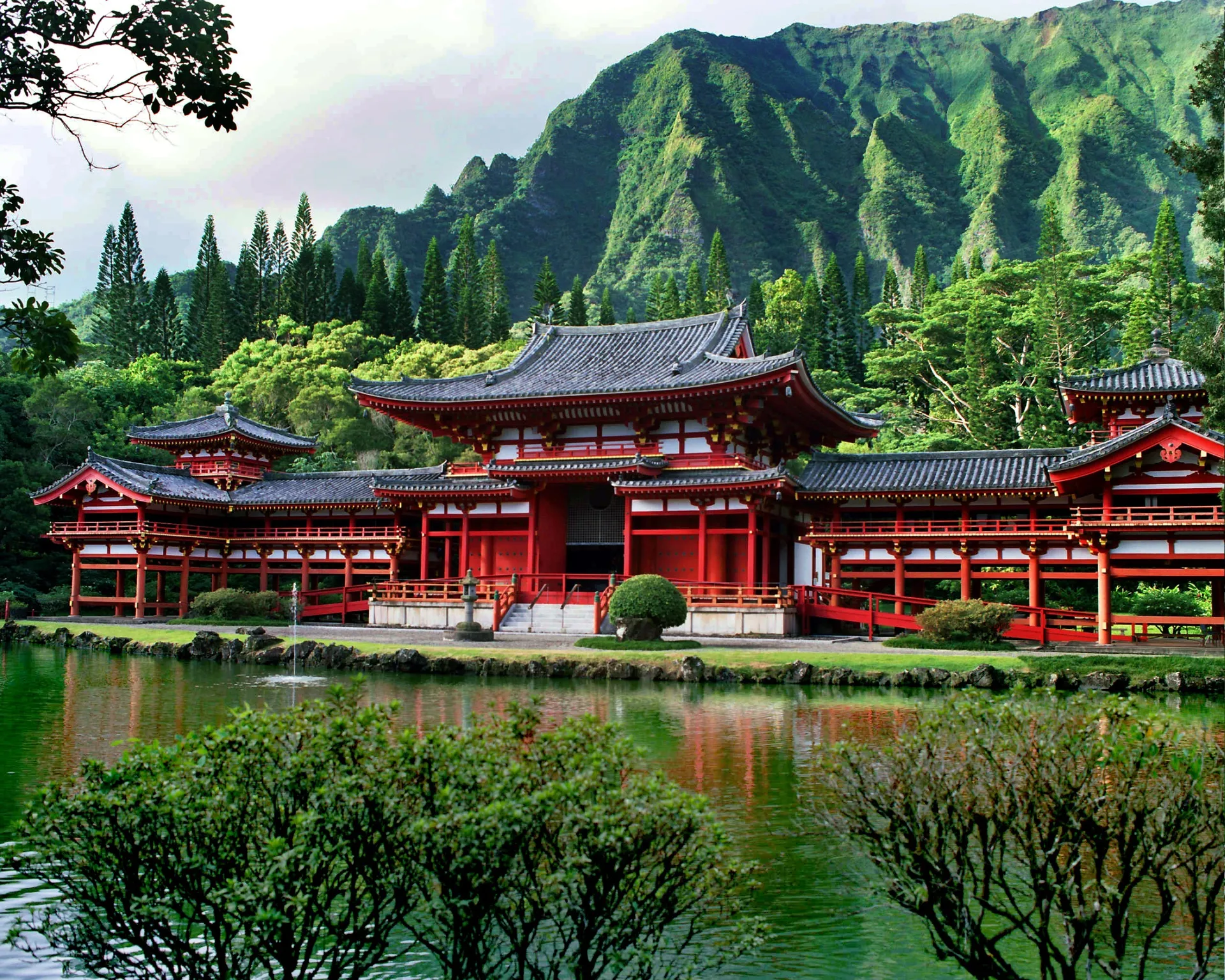 A large red, white, and black Buddhist temple in Hawaii.