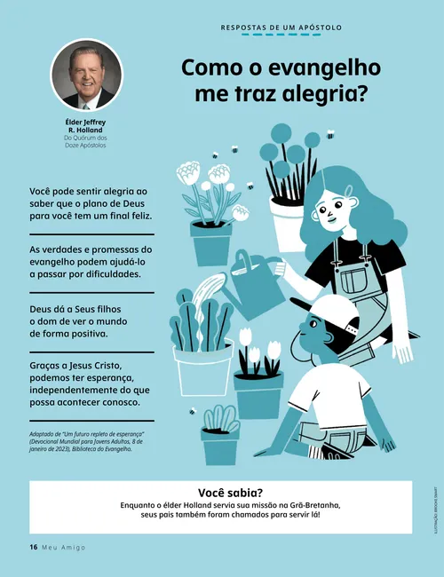 Página em PDF com a ilustração de um menino e uma menina regando flores em vasos
