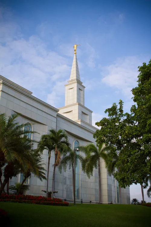 The spire and the angel Moroni on the Guayaquil Ecuador Temple, with a green lawn and palm trees below.