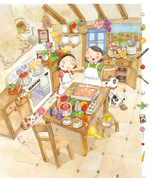 girl and grandmother in the kitchen making food with pictures of items hidden within the picture