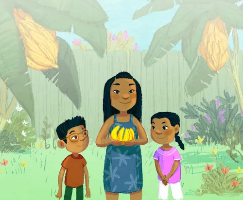 girl holding bananas near a banana tree