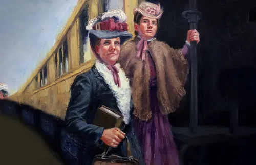 illustration of Emmeline B. Wells and Zina Young Williams by a train