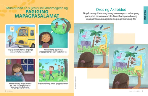 PDF na pahina ng isang bata na kumakaway sa isang drayber ng bus, batang babae na nag-iisip tungkol sa kanyang mga kaibigan, batang babae na nagdarasal, at mga bata sa kalikasan; at isa pang aktibidad sa paghahanap ng mga pagkakaiba