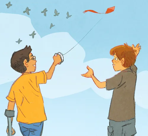 boys talking and flying kite