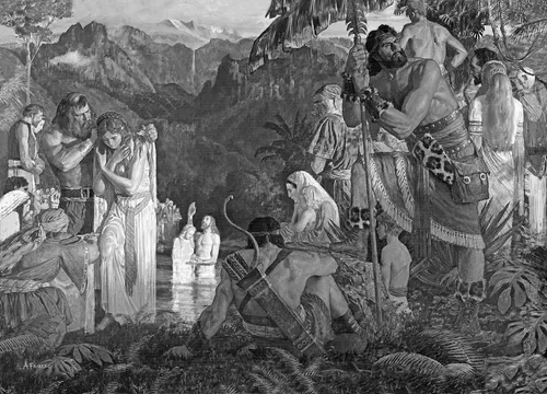 Alma baptizing in waters of Mormon