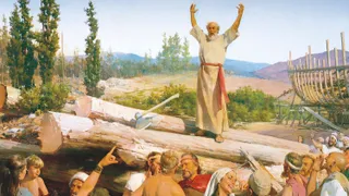 The Old Testament prophet Noah standing on a log as he preaches to a group of assembled people. The people are laughing and mocking Noah. The partially completed ark is visible in the background.