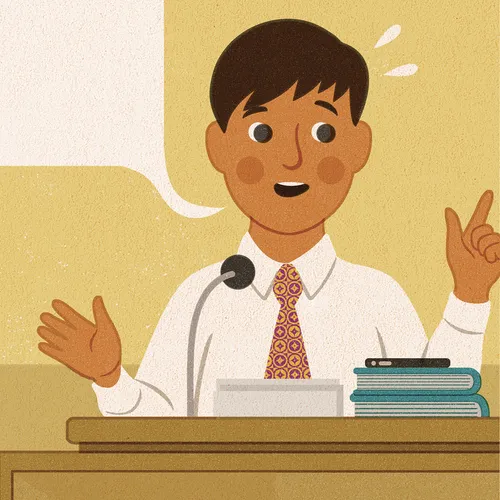 young man giving talk