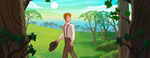 Joseph Smith walking out of the woods toward home.