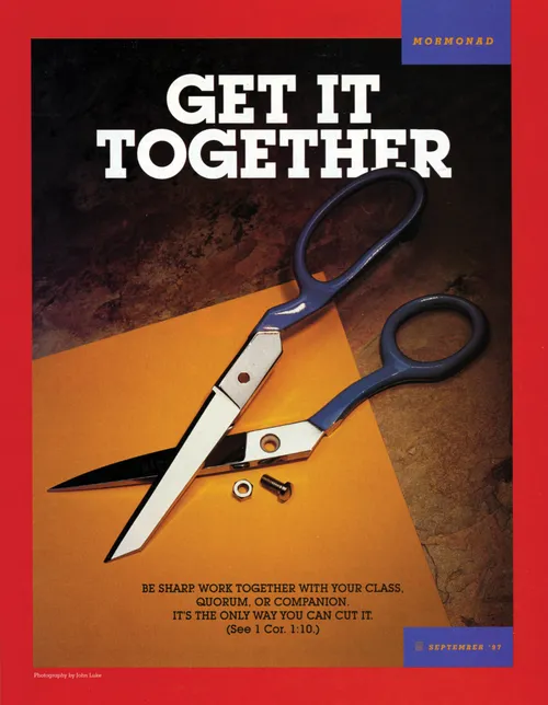 An image of a pair of broken scissors on a table, paired with the words “Get It Together.”