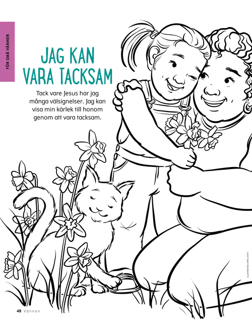 Pdf med färgläggningssida av en leende flicka som kramar en kvinna och ger henne blommor, med en katt som sitter bredvid.