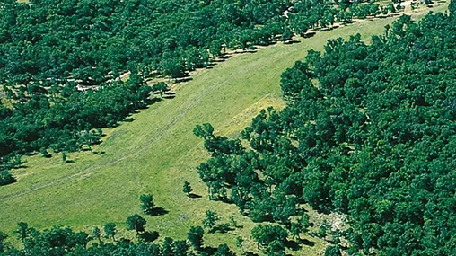 Aerial view of Adam-ondi-Ahman and the Grand River in Missouri.
