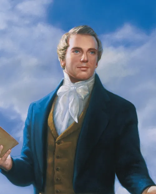 Portrait of Joseph Smith Jr. standing and holding a copy of the Book of Mormon.