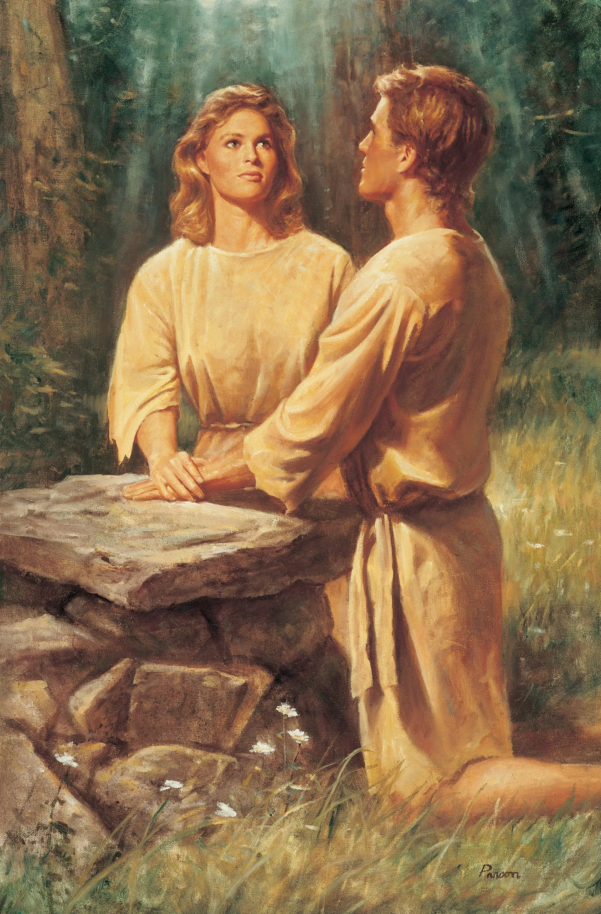 Adam and Eve Kneeling at an Altar, by Del Parson; GAB 4; Primary manual 5-56; Primary manual 6-05; 2 Nephi 2:17–25; Moses 5:4–11