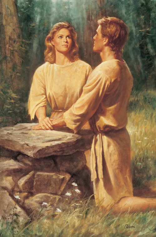 A painting by Del Parson showing Adam and Eve kneeling next to an altar of stone in the midst of some green trees.