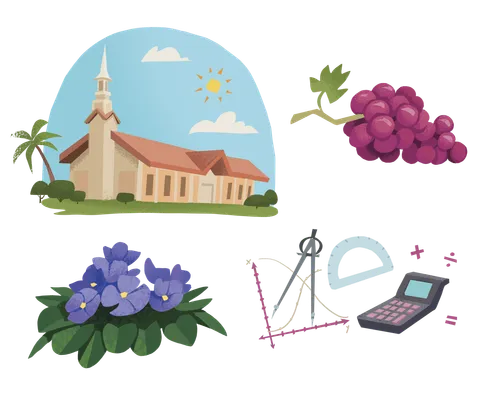 A church building, grapes, purple flowers, and a calculator and math symbols